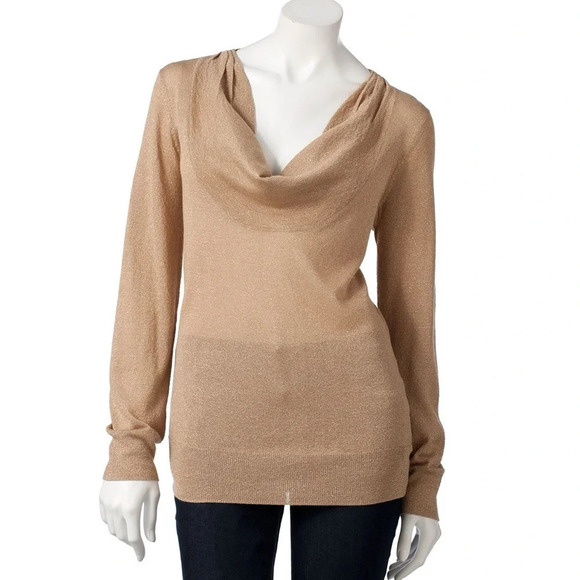 Dana Buchman Tops - Dana Buchman Gold Shimmer Cowl Neck Sweater Top Off Shoulder XL New
